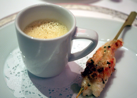 Spot prawn bisque and grilled spot prawn to whet the appetite.