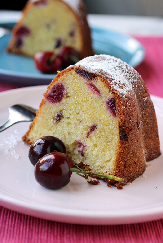 Chopped fresh cherries hide inside this Bundt cake.