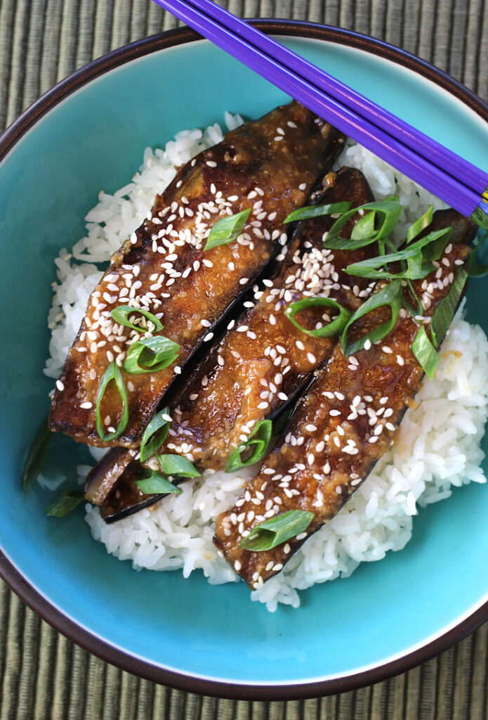 Easy-peasy, miso eggplant served over rice.