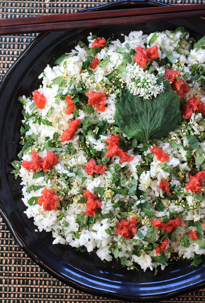 Rice gets dressed up with fresh shiso and sesame-inflected gomasio.