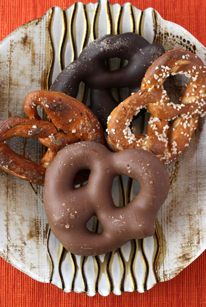 (Clockwise from top): Dark Chocolate, Regular, Milk Chocolate, and Extra Dark pretzels from Uncle Jerry's Handmade Pennsylvania Duch Pretzels.