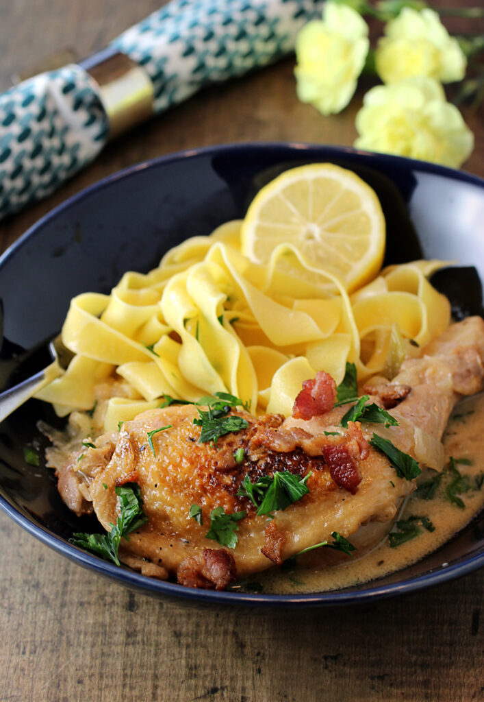 Chicken braised in hard apple cider and creme fraiche -- a dish with a spiritual history.